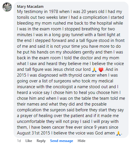 Facebook comment section miracle story shared in November 2024.