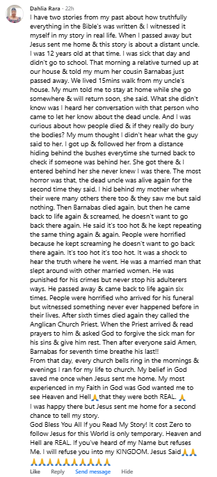 Dahlia Rara's miracle story shared with me on Facebook in August 2026.
