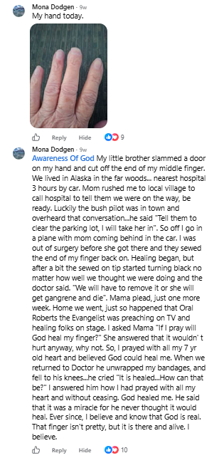 Mona's miracle story, conversation screen shot.