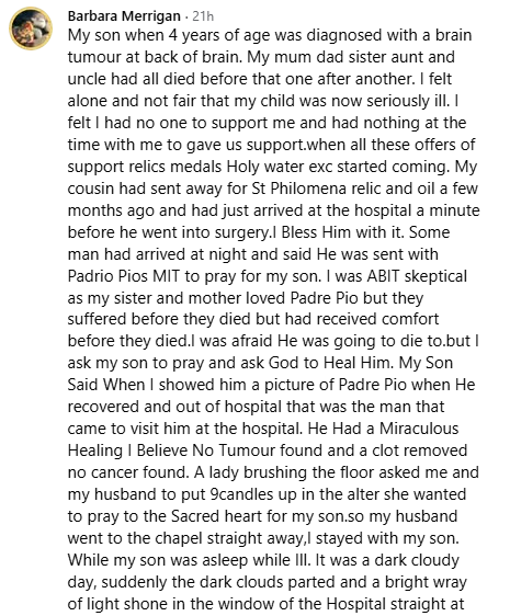 Barbara's miracle story was shared with me.
